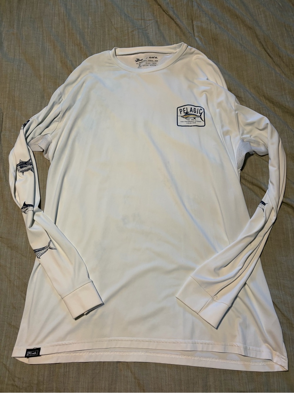 Pelagic White Men’s Long-Sleeve Performance Tee with Sleeve Graphics